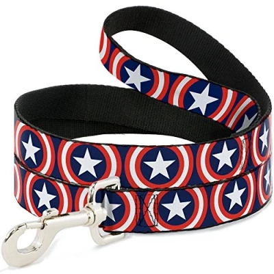 Image of Buckle Down Pet Leash Captain America Shield Repeat Navy 6 Feet Long 1.5&quot; Wide