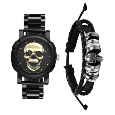 Image of JewelryWe Punk Watches for Men: Round Analog Quartz Skull Watch Cool Stainless Steel Wristwatch Bracelet Set Halloween