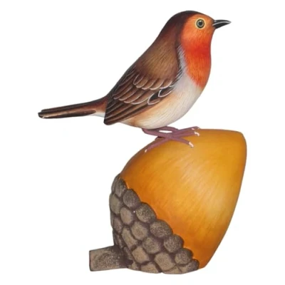 Image of Brave Wings Hand Carved Wooden Bird Robin Red Breast on a Pinecone Ornament Sculpture Figurine Statue Unique Table Decoration Home Decor 5273