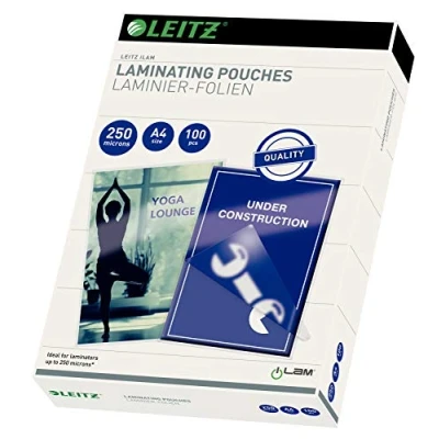 Image of Leitz A4 Premium Laminating Pouches, 250 micron thick material, Glossy, UDT, Transparent, Pack of 100