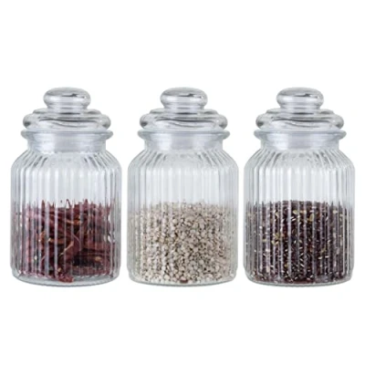 Image of ORNAMI Ribbed Glass Storage Kitchen Jar with Airtight Lid (1L, Set of 3)