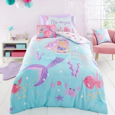 Image of Bedlam Mermaid Duvet Cover Single Bedding Size Reversible (2 Designs) Ocean Sea Animals for Girls Bedroom Décor