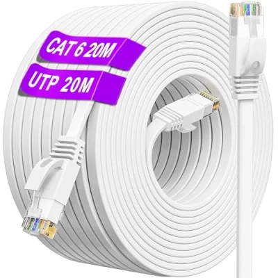 Image of Ethernet Cable 20m, Cat 6 High Speed Internet 20m Flat Network Cable, Long RJ45 LAN 20 meter 250MHz 1000Mbps, UTP Gigabit White Broadband Patch for Router Modem Switch PC (20 Clips)