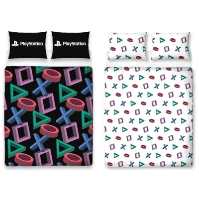 Image of Official PlayStation Double Duvet Cover Set Abstract Design Reversible 2 Sided Bedding Including Matching Pillow Cases Gaming Black Bed