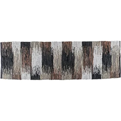 Image of HOMESCAPES Black, Grey &amp; Brown Genuine Leather Hall Runner Handwoven Cutshuttle Design Eco Friendly Real Rug, 66 x 200 cm