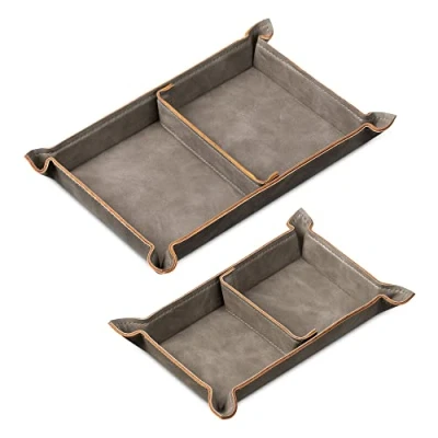 Image of Navaris Faux Leather Tray Set 2 Valet Organiser Trays for Bedside Table Desk with Dividers Store Keys, Change, Wallet, Phone, Glasses Grey