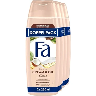 Image of FA Shower Gel Cream &amp; Oil Cacao, Pack of 2 (2 x 250 ml), Nourishing Cream, Enjoy the Mild Vegan Formula with Pampering Fragrance Cocoa Butter, 94% Ingredients Natural Origin