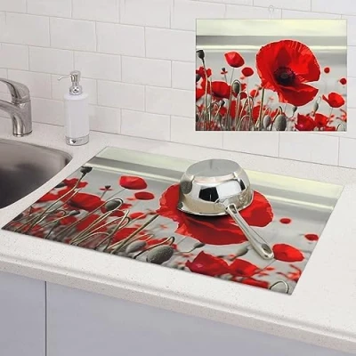 Image of RLDOBOFE Dish Drying Mat for kitchen Counter Non slip Drainer Mats Red Poppy Flower Pad Heat Resistant Coffee Absorbent Draining 18&#039;&#039; x 24&#039;&#039;