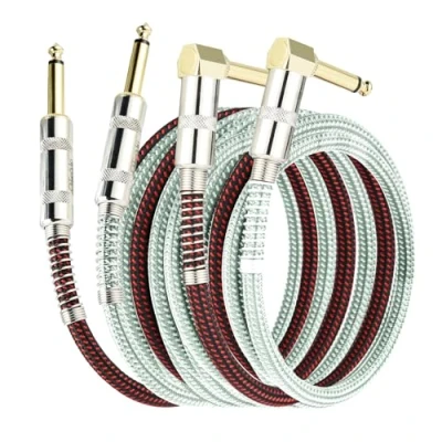 Image of OTraki 2 Pack Guitar Cables 3FT Electric Instrument Cord 1/4 Inch Straight to Right Angle 6.35mm Gold Plated TS Plug Nylon Connect Cable for Bass Drum Audio Device 1M