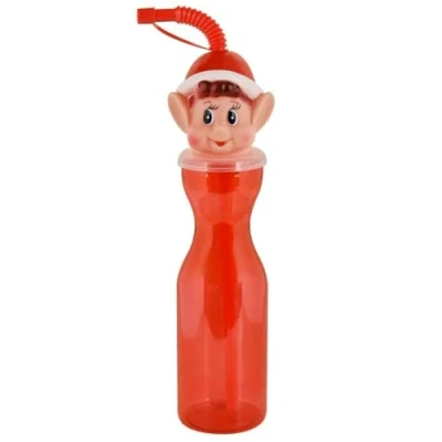 Image of Widdle Gifts Christmas Drinking Bottle Childrens Character Head Design with Re useable Flexi Straw Novelty Stocking Filler (Elf 5769)