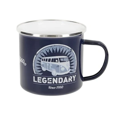 Image of BRISA VW Collection Volkswagen Large Enamel Coffee Tea Mug Cup for Camping &amp; Outdoor T1 Bus Campervan (500 ml/16.9 fl oz/Legendary/Blue)