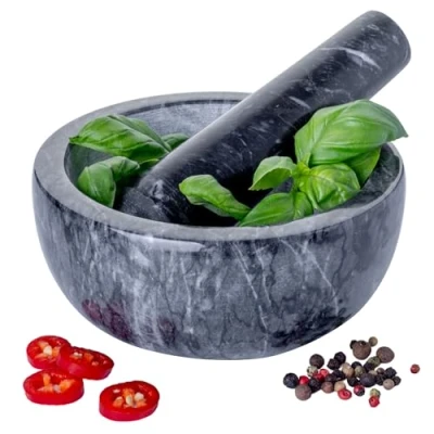 Image of Homiu Marble Pestle and Mortar Set Premium Solid Stone Grinder Bowl Herb Kitchen Large 15.5cm Diameter Ideal for Guacamole Spice Ginger Garlic Crusher