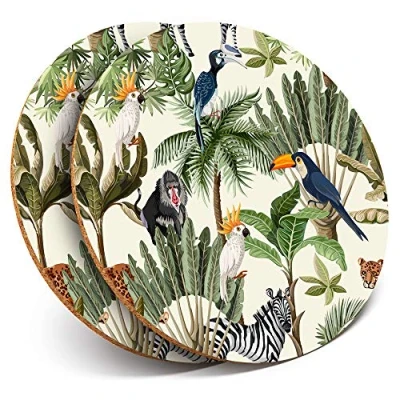Image of 2 x Round Coasters Exotic Tropical Botanical Pattern Cork Backed Home Kitchen Accessory Tea Coffee Mug Mat #21511