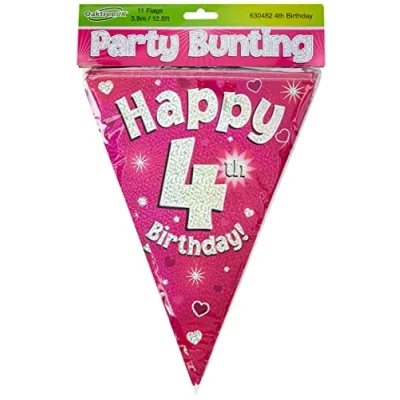 Image of OAKTREE UK 630482 Party Bunting Happy 4th Birthday Pink Holographic 11 Flags 3.9m