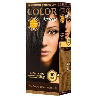 Image of Color TIME Permanent Gel Hair Dye Black 10 Enriched with Royal Jelly and Vitamin C Covers Gray 100 ML