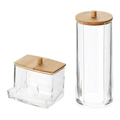Image of INCETUE Makeup Organiser Set Acrylic Cotton Wool Pads Holder with Bamboo Lid, Clear Q tip Swab Dispenser, Ear Bud Jar, Dressing Table Accessories, Cosmetics Storage Container for Bathroom
