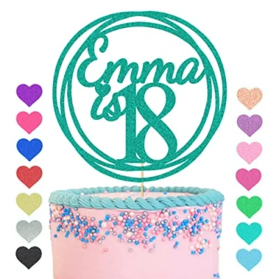 Image of GuteGifts Personalised with Any Name Age Cake Topper Custom Happy Birthday Decoration Circle Design 13 16 18 21 30 40 50 60 (Turquoise green)