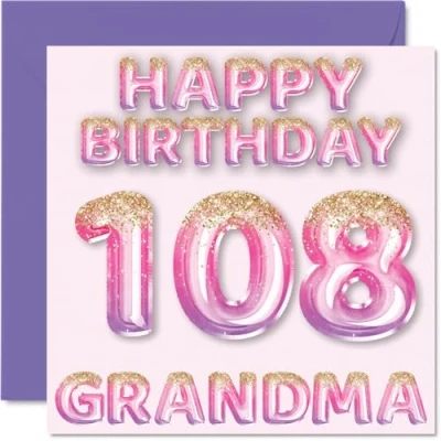 Image of 108th Birthday Card for Grandma Pink &amp; Purple Glitter Balloons Happy Cards 108 Year Old from Grandson Granddaughter, 145mm x Bday Greeting Gift
