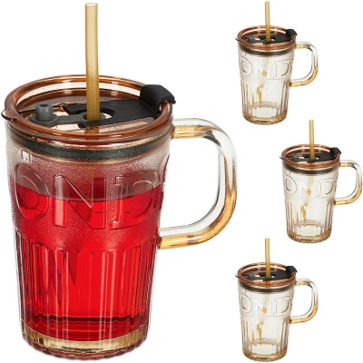 Image of Relaxdays Set of 4 Cups, Drinking Glasses with Lid &amp; Straw Handle, Vol. 450 ml, Light Brown, Transparent, 13 x 8.5 cm