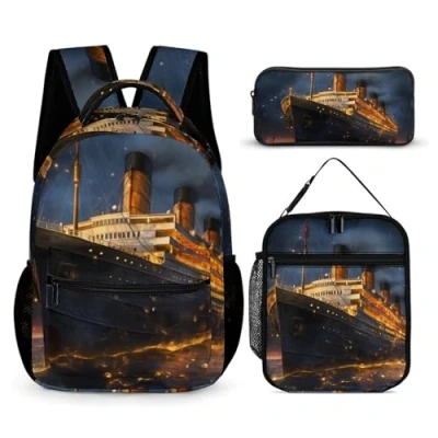 Image of Titanic Cruise Ship Voyage 3 Piece Backpack Set Fashion Travel Daypack with Lunch Bag Pencil for Men Women