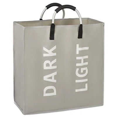 Image of Vinsani Colour Light Dark 2 Sections Laundry Hamper Collapsible Bag Foldable Cloth Basket Portable Storage Bin with Carry Handles for Bathroom Bedroom, Grey
