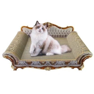 Image of Luxury Cardboard Cat Scratcher Sofa Couch Bed, Shaped Scratching Bed Board, Scratch Lounge with Catnip, for Indoor Cats