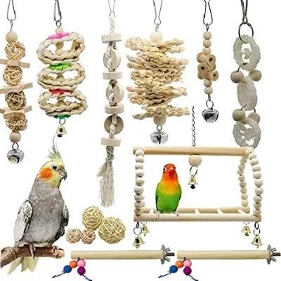 Image of Allazone Bird Parrot Toys, 14 PCS Hanging Bell Pet Cage Hammock Swing Toy Perch Toys Wooden Chewing for Conures, Love Birds, Small Parakeets Cockatiels, Macaws
