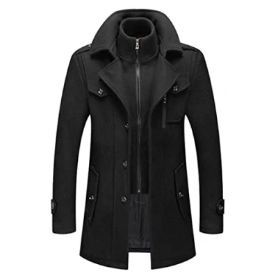 Image of Winter Wool Coat Men Double Collar Thick Jacket Single Breasted Trench Fashion Blends Overcoats black M