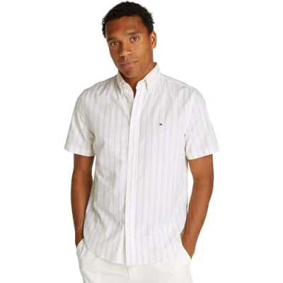 Image of Tommy Hilfiger Men’s Short Sleeve Flex Poplin Shirt, Multicolor (Citronella/Optic White), L