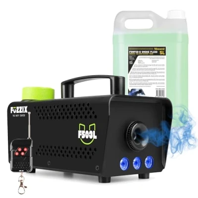 Image of Fuzzix F503L Smoke Machine with Built in RGB LED Lights, Wireless Remote Control and 5L Green Fog Fluid for Halloween House Party