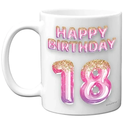 Image of 18th Birthday Gift for Women Pink Purple Glitter Balloons Happy Mug Present 18 Year Old Daughter Sister Granddaughter Cousin Friend, 11oz Ceramic Dishwasher Safe Coffee Mugs Cup