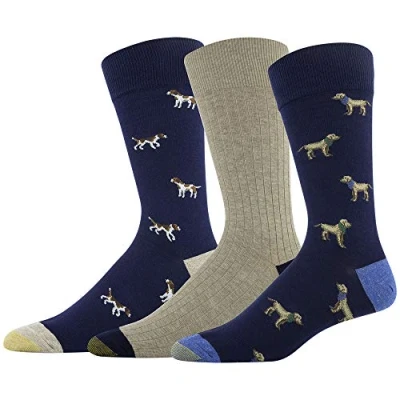 Image of GOLDTOE Men&#039;s Timeless Classics Crew Socks, 3 Pairs, Peacoat Lab/Khaki Heather Rib/Peacoat Beagle, Large (Pack of 3)