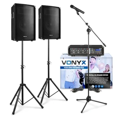 Image of VONYX VX210 Audio Performer Pack PA Speaker System with Bluetooth Amplifier, Stands and Microphone for Live Singing, PA, DJ, Bands