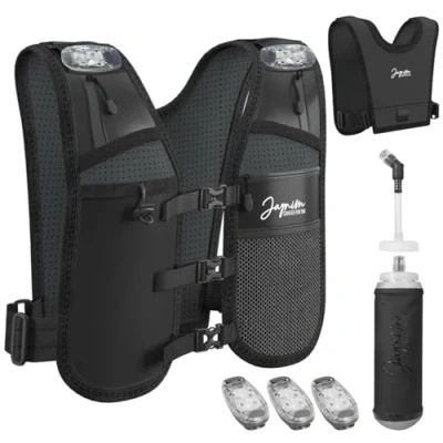 Image of Adjustable LED Running Vest with Water Bottle 500ml Waterproof Phone Holder Hydration Men &amp; Women Cooling Towel6 Reinforced Pockets for Accessories
