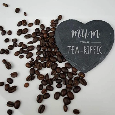 Image of eBuyGB Slate Tea Riffic, Mothers Day Birthday Gift, Present for Mum from Daughter and Son, Engraved Drinks Coaster (Heart)