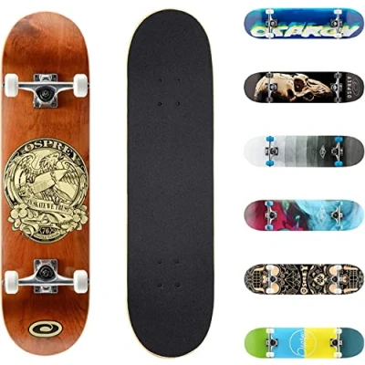 Image of Osprey Complete Skateboard, 31&quot; x 8&quot; Double Kick Skateboard for Kids and Adults, Concave Deck, Includes Grip Tape, Deck Wheels, In Sk8 We Trust Multiple Designs, Brown