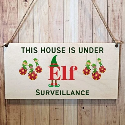 Image of Second Ave Under Elf Surveillance Wooden Hanging Gift Rectangle Christmas Xmas Decoration Sign Plaque