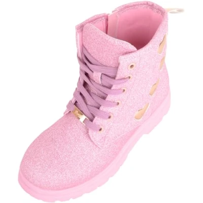 Image of ABSOLUTE FOOTWEAR Childrens Low Heel Lace Up Glitter Ankle Boot with Heart Design Fushia UK Child 12