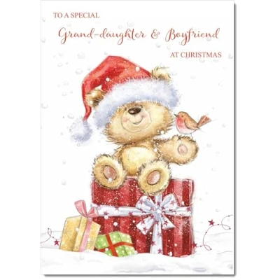 Image of doodlecards Granddaughter and Boyfriend Christmas Card Cute Bear on Parcel Medium Size for &amp; with Plain Envelope