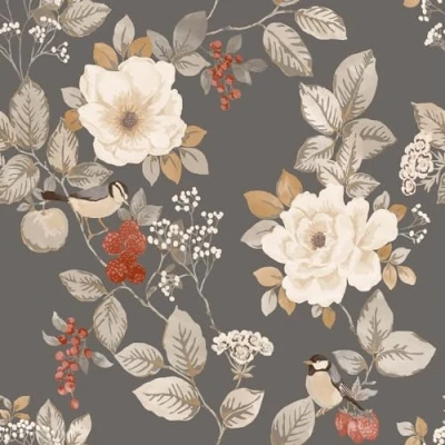 Image of Belgravia Bramble Floral Wallpaper Flowery with Matte Detailing Modern for Living Room, Bedroom, Hallway Decorative Luxury Charcoal