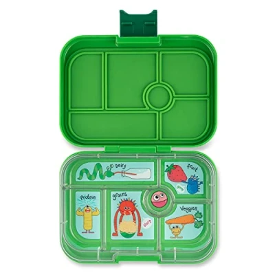 Image of yumbox Original Leakproof Kids Bento Lunch Box, 5 Compartments + Dip Well, Easy Open Latch, Portion Control, Removable Illustrated Tray, Ages 3 7 (Jurassic Green (Funny Monsters Tray))