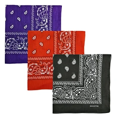Image of iPEAK Bandana 3 Pack Multi Purpose Cotton Paisley Bandanas Scarf Headband Face Mask Neckerchief Handkerchief union jack Camouflage For Men Women Kids (Black Red Purple)