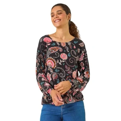 Image of Roman Originals Blouson Top for Women UK Ladies Drop Shoulder Long Sleeve Jersey Stretchy Oversized Casual Office Jumper Soft Everyday Sweater Lounge Sweatshirt Blouses Pink Multi Size 14