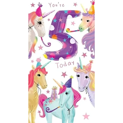 Image of Girls 5th Birthday Card Age 5 Special Finish Magical Unicorn Design Made in the UK Eco Friendly