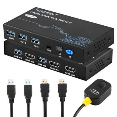 Image of TCNEWCL 4K 120Hz HDMI 2.1 USB 3.0 KVM Switch 2 PC 1 Monitor, 8K 60Hz Port Switcher with Wired Remote, for Computers Share Monitor Mouse Keyboard, cables and
