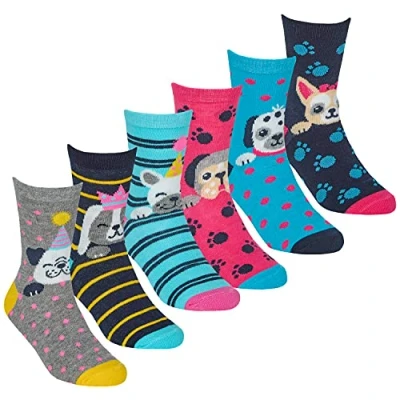 Image of Metzuyan 6 Pairs Kids Girls Cotton Rich Novelty Socks Dogs Designed Blue Pink Size 8.5
