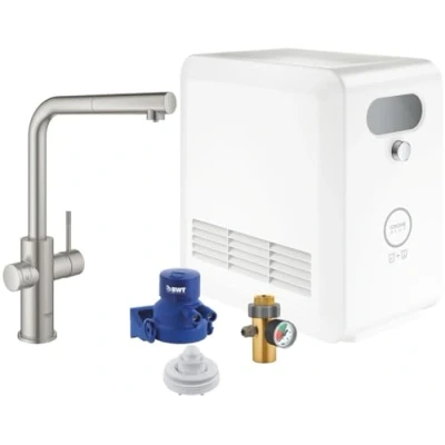 Image of GROHE Blue Professional Duo Kit Kitchen Mixer for Filtered, Chilled and Sparkling Water, High Swivel L Spout with Pull Out Spray Head, Stainless Steel Look Includes Cooler Unit 31326DC2