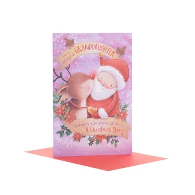 Image of UK Greetings Granddaughter Christmas Card Cute for Kids Santa and Reindeer Gift Girls Gifts