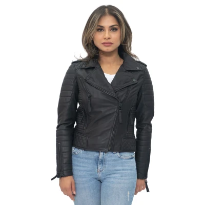 Image of Ladies Leather Biker Jacket Quilted Matte Black Real Lamb Nappa Fashion M