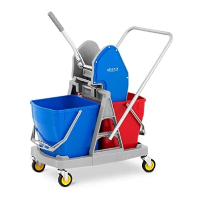 Image of ulsonix Cleaning Trolley Janitorial Cart Hotel Wringer 2 Buckets 40L UNICLEAN 11 (Plastic, TPR Wheels, Grey Wringer, Warning Sign)